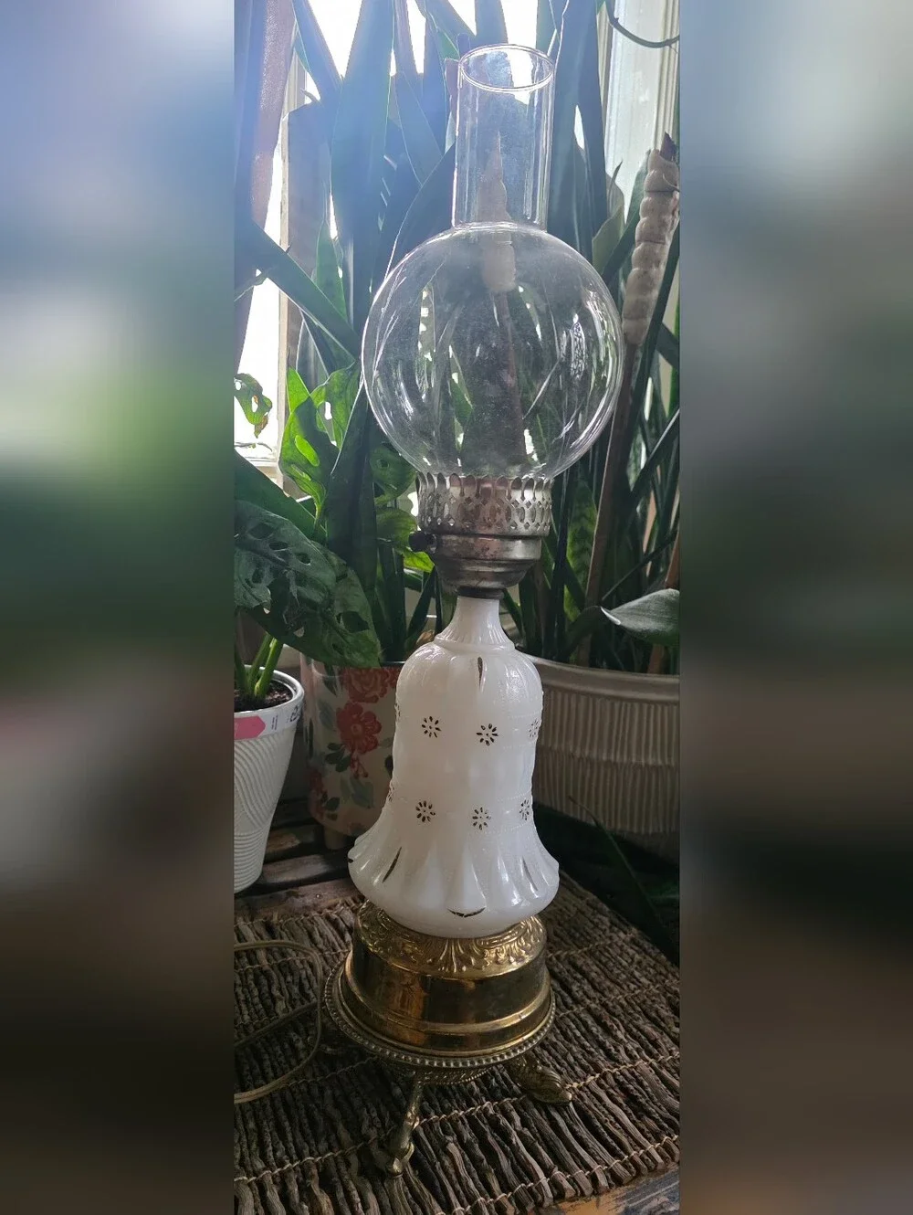 Milk Glass Table Lamp Base with White Floral Cutwork - Needs Rewiring